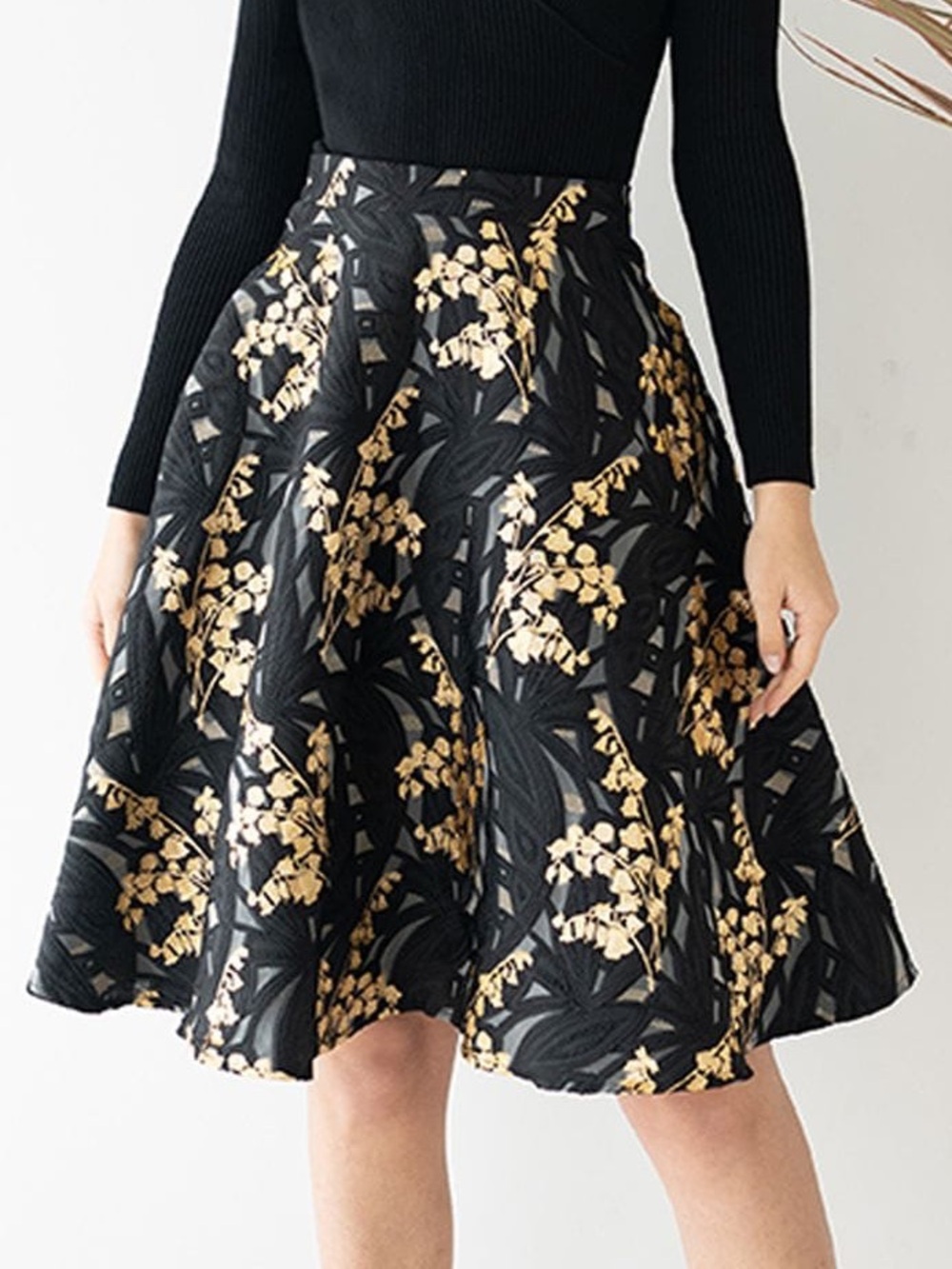 Chicwish Harebell Black Gold Embroidered Floral Jacquard A-line Midi Flare Skirt